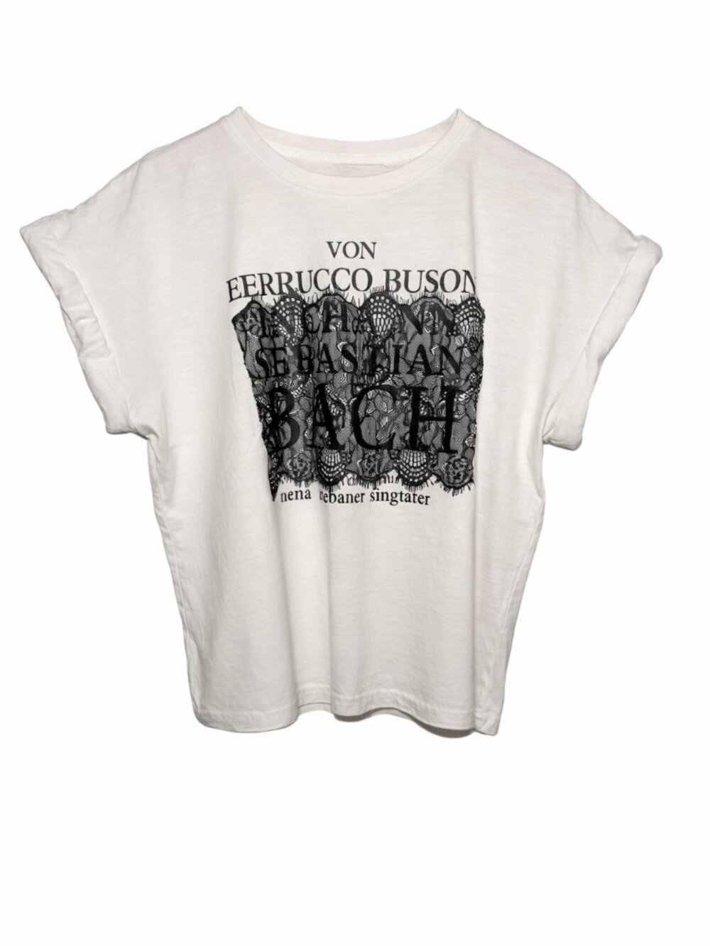 White Graphic Tee w/ Lace Overlay | Edgy Feminine Bach Print Tee | Euro C Medium - Picture 2 of 6